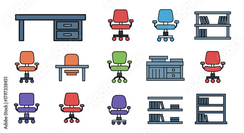 Collection of Office Furniture and Equipment Icons.
