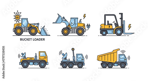 Collection of Six Electric Construction Vehicles with Digital Icons.