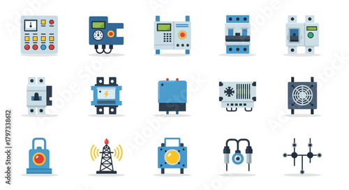 A collection of flat design vector icons representing various electrical and electronic components and industrial equipment.