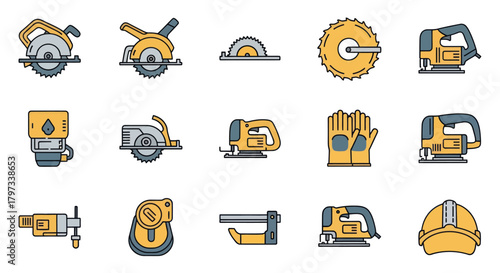 Assorted Yellow and Gray Construction Power Tools and Equipment.