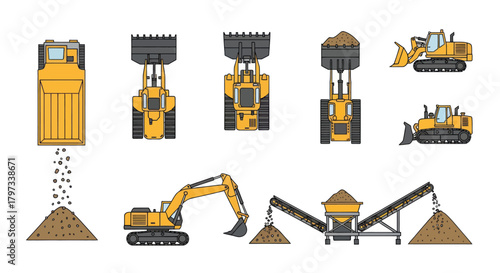 Collection of Yellow Construction Heavy Machinery and Equipment.