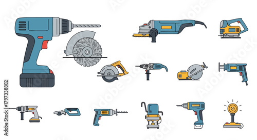 Illustrated set of diverse electric and cordless power tools for construction and DIY projects.