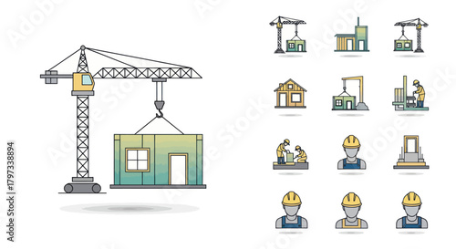 Colorful hand-drawn construction icons set featuring cranes buildings and workers.