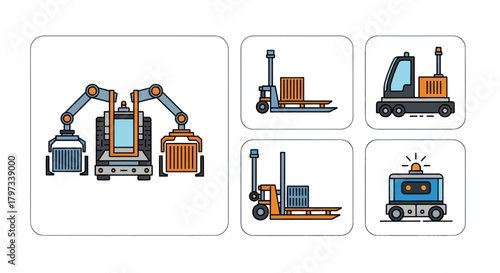 Industrial Robotic Arms and Automated Warehouse Vehicles.