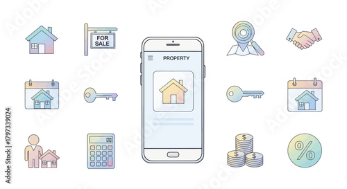 Collection of real estate and home buying icons on a white background.