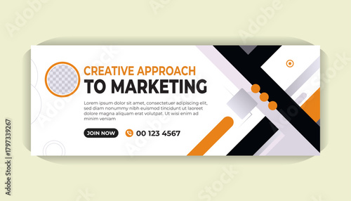 Corporate Facebook cover page template with bold yellow graphic shapes, editable text, photo area and minimalist white backdrop
