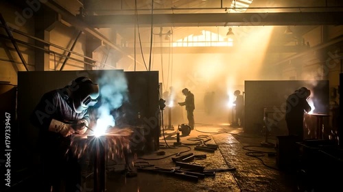 Skilled Welders Working in a Dimly Lit Industrial Workshop with Bright Sparks Flying.