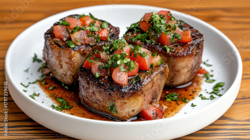 Seared veal medallion with tomato gremolata and rich pan sauce, savory and vibrant