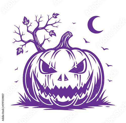 Spooky purple jack o lantern with scary face, moon and bats for halloween design