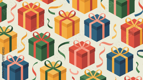 Festive gift boxes and ribbons create a fun celebratory pattern perfect for holiday promotions, gift wrap, or seasonal marketing campaigns
