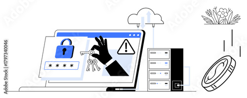 Hand stealing digital keys from secure laptop interface with lock and warning icons, server tower, cloud, and coin. Ideal for cybersecurity, hacking, data theft, online security, digital privacy