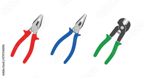 Three different colored pliers isolated on a white background