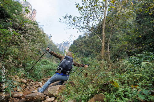 Woman hiker falling over the slippery rocks while hiking in the forest mountain valley
