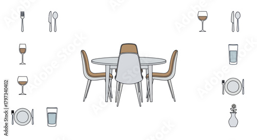 Modern Dining Table Set with Four Chairs and Accessories.