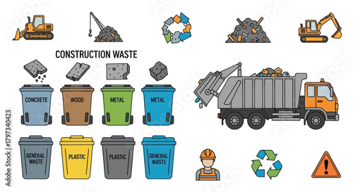 Colorful illustrated set of construction waste management icons including sorting bins garbage truck and heavy machinery.