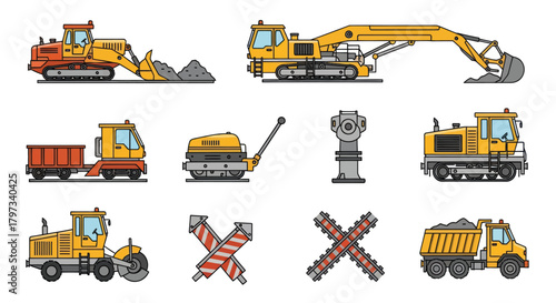 Construction Vehicles Set: Bulldozer Excavator Truck Roller and More.