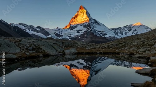 Image is a landscape photograph capturing a majestic mountain scene at sunrise or sunset. The mountain, covered in snow, is bathed in a golden hue from the sunlight, creating a striking contrast again