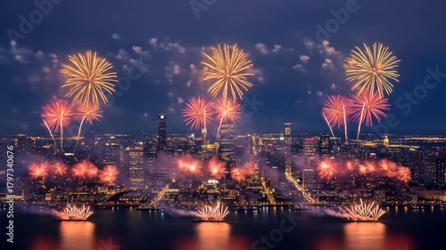 Spectacular Fireworks Display Over City Skyline at Night Celebration.