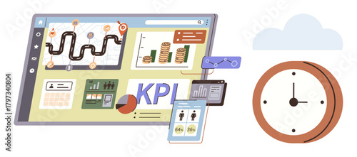 Digital screen showing workflow map, financial growth graphs, KPI metrics, team data, analysis tools, alongside analog clock. Ideal for productivity, efficiency, finance time management