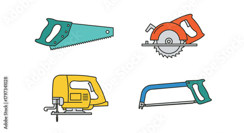 Colorful illustration depicting various hand tools for cutting and woodworking