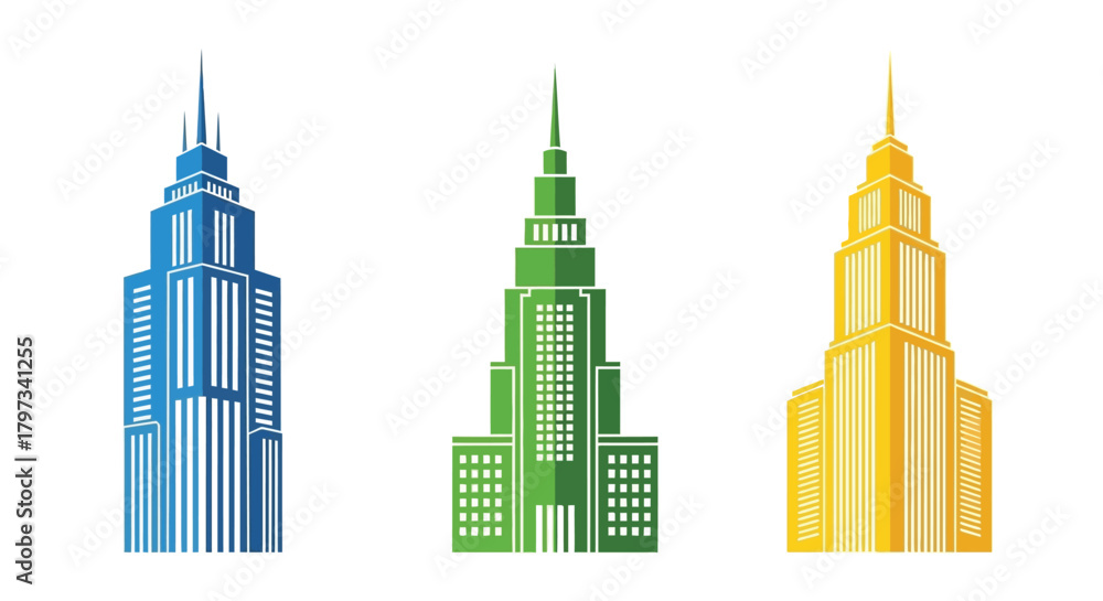 Obraz premium Stylized illustrations of three tall skyscrapers in blue green and gold