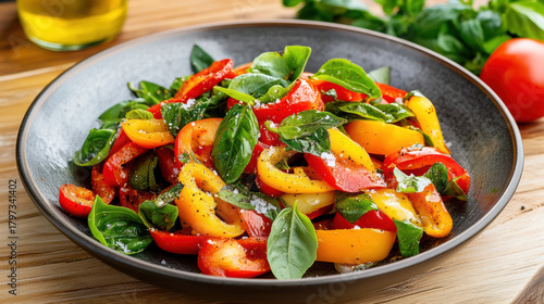 Colorful bell pepper salad with basil, olive oil and flaky salt, bright and fresh