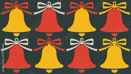 Retro Christmas bells pattern in red and gold brings festive cheer, perfect for holiday cards, gift wrap, and seasonal designs for a vintage vibe