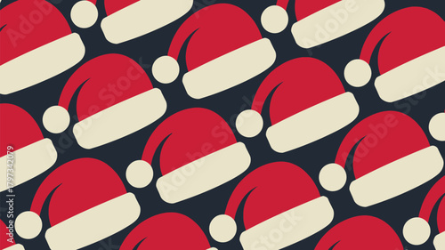 Festive Santa hats pattern evokes holiday cheer and winter celebrations, perfect for seasonal promotions, Christmas cards and joyful designs