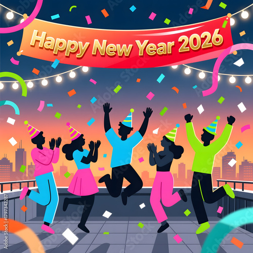 Flat Party Celebration Scene for Happy New Year 2026