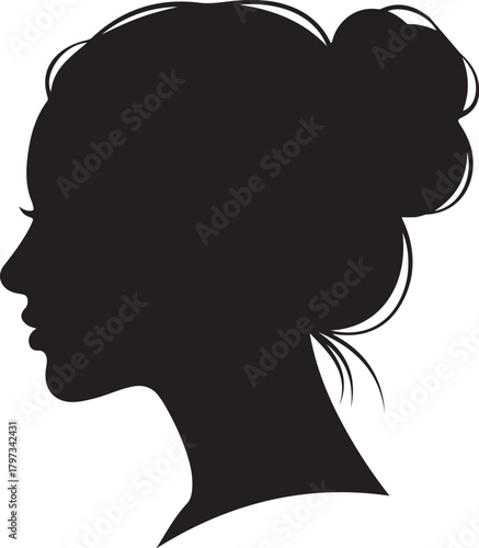 Black Silhouette Profile of Woman with Messy Bun Hairstyle head face