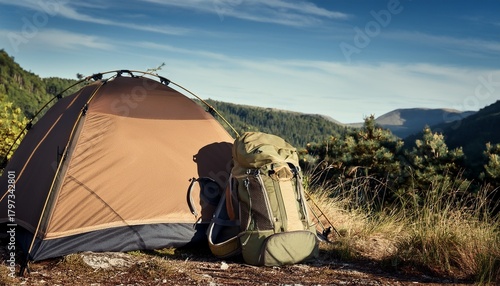 a hiking adventure to a hidden campsite featuring a tent and backpack with copy space for outdoor enthusiasts