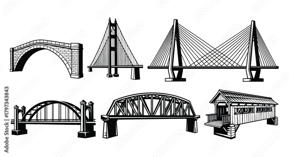 Fototapeta premium Illustrative collection of various bridge designs in black and white style
