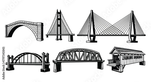 Illustrative collection of various bridge designs in black and white style