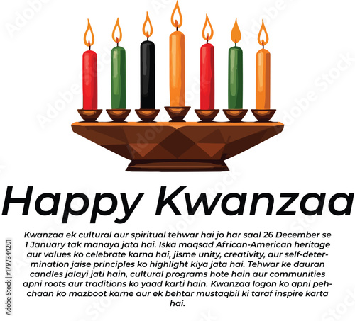 Kwanzaa kinara with Hindi description in black-and-white illustration for cultural heritage and celebration
