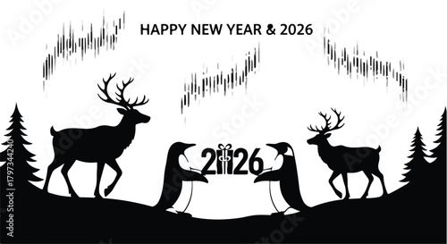 Whimsical New Year's Eve celebration with penguins and deer under the aurora borealis.