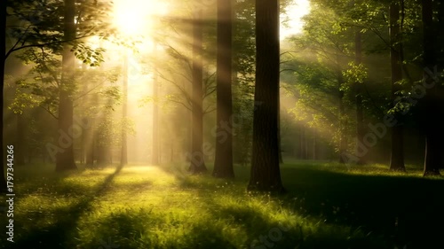 Sunlight Streams Through Forest Trees Creating a Magical Atmosphere.
