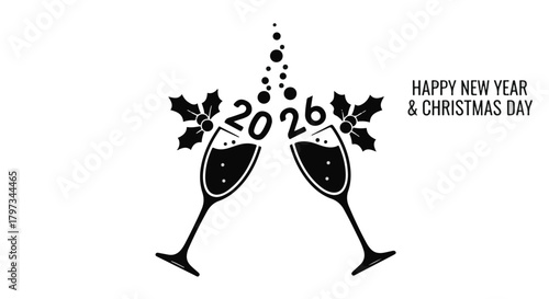 Cheers to a sparkling new year with festive holly and bubbly champagne.