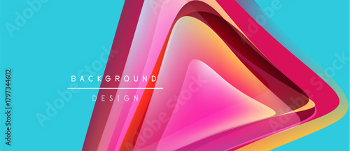 Abstract geometric design. Vibrant layers create triangular shape over turquoise background. Modern, dynamic visual element.