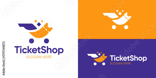 Creative simple ticket shop logo template. Shopping cart with ticket coupon logo design vector illustration.