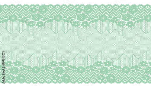 Light green wide lace trim with a double-sided zigzag pattern.