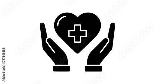 Heart with Medical Cross Held by Hands Symbol of Care and Health.