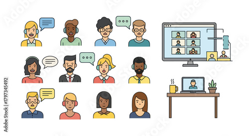 Diverse Group of People in Video Conference Call and Avatars.