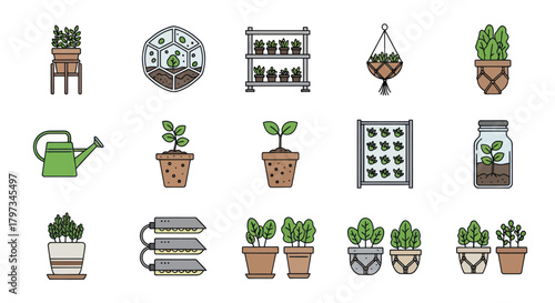 A colorful collection of illustrated icons featuring houseplants gardening tools and vertical planters.
