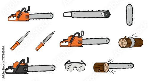 Collection of Chainsaws Saw Blades Sharpening Files Safety Glasses and Wood Logs.