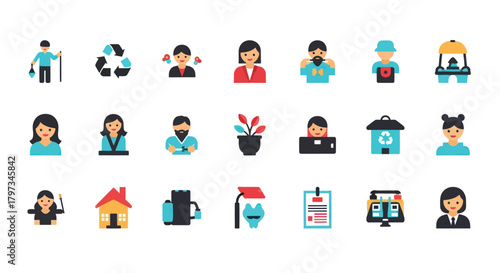 Colorful Flat Icon Set Representing Various Professions and Concepts.