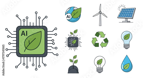 Green AI Technology Icons: Sustainable Energy and Environmental Concepts.
