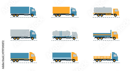 Collection of diverse flat design trucks for transportation and logistics.