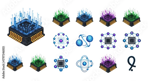 Collection of Colorful Isometric Computer Processor Chip Designs.