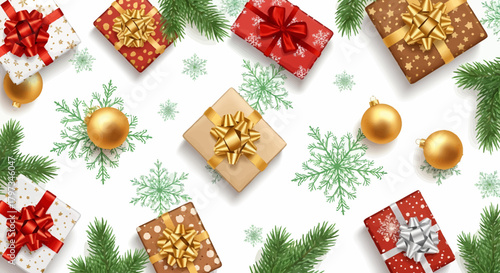 Celebrate the season with this joyful arrangement of gifts, ornaments, and evergreen branches. Perfect for holiday greetings, festive designs, and capturing the spirit of Christmas.