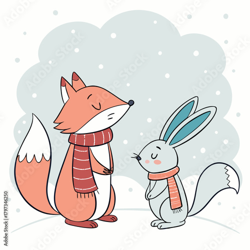 Cozy Winter Companions: A heartwarming scene unfolds as a charming fox and rabbit, bundled in scarves, share a sweet moment amid a serene, snowy landscape, representing friendship and winter.